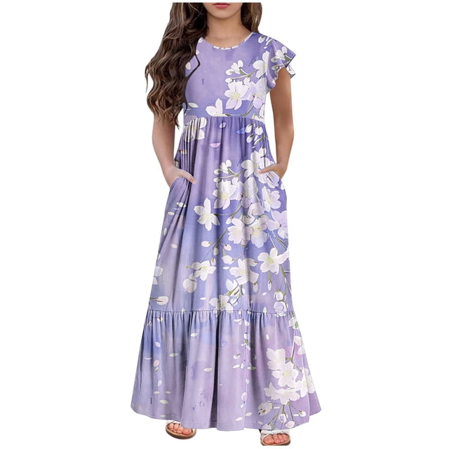 Yanlir Robe Décontractée d'Été pour Filles, Manches Courtes, Col Rond, Imprimé Mode, Robe Trapèze avec Poches pour Confort Quotidien 6-13 Ans (Violet#4, 12-13 Ans)
