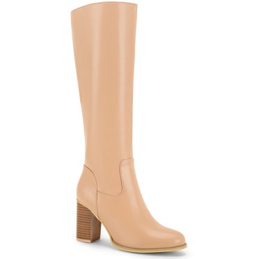 BLISSFUL STEP Women's Boots Knee High Chunky Heel Round Toe Side Zipper Faux Leather Dress Boots  Nude 9