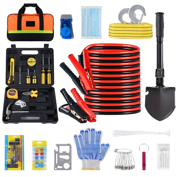 NEXPOW Car Emergency Kit, Roadside Assistance Kit with Jumper Cables, Tow Rope, Shovel, Flashlight for Car, SUV, Truck