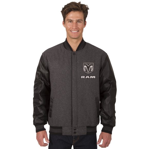 JH DESIGN GROUP Mens Dodge RAM Wool & Leather Reversible Jacket with Embroidered Emblems (2X, REV7Charcoal Gray - Black)