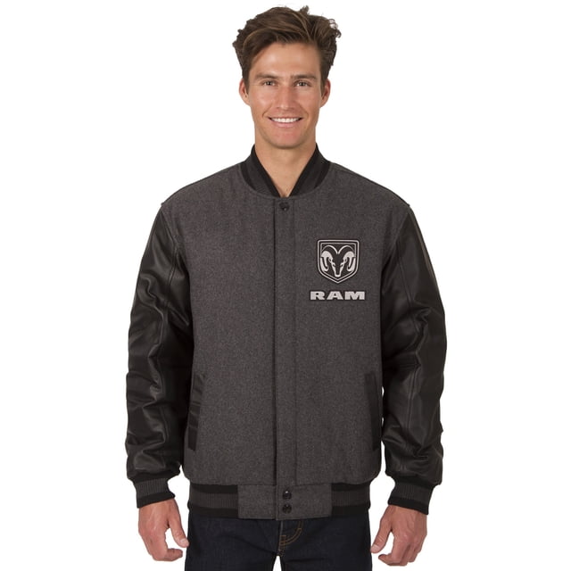 JH DESIGN GROUP Mens Dodge RAM Wool & Leather Reversible Jacket with Embroidered Emblems (2X, REV7Charcoal Gray - Black)
