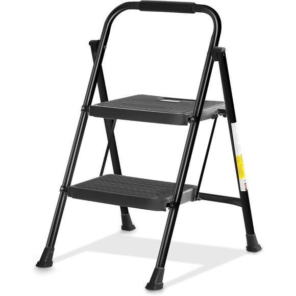 Steel Folding 2-Step Stool Ladder Adults With Soft-Grip Handle 500 Lbs Black
