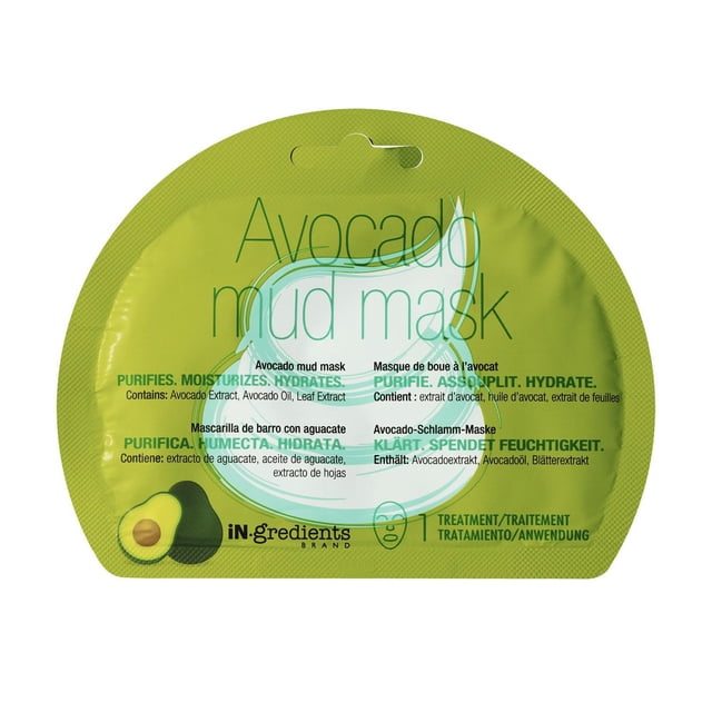 iN.gredients Avocado Mud Mask in a green curved sachet featuring an avocado graphic, formulated to purify, moisturize, and hydrate skin with avocado extract, oil, and leaf extract, suitable for facial skin care treatment.