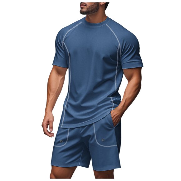 Ketyyh-chn99 Mens Beach Outfits 2 Piece Set Men's 2 Piece Clothing Short Sleeve Crew Neck Summer T Shirt With Drawstring Casual Sports Shorts Set Size for L,Blue
