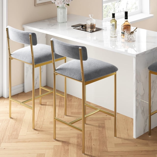Bar Stools Set of 2, Kitchen Bar Stools with Footrest, 25.5" Upholstered Bar Chairs with Back, Counter Height Barstools for Counter Bar, Island, Easy Assembly, Grey and Gold White