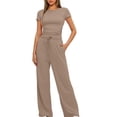 thumbnail image 2 of Birdeem Ensemble 2 Pcs Femme Mode Col Rond Uni Blouse à Manches Courtes + Pantalon Long Taille Élastique, 2 of 12