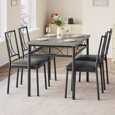 EastVita Dining Table & Chairs Kitchen Dining Room Set for 5, Table and 4 Metal and Wood Chairs, Rustic Brown