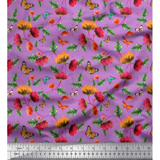 Soimoi Purple Poly Georgette Fabric Leaves,Insect & Floral Artistic Print Sewing Fabric BTY 42 Inch Wide