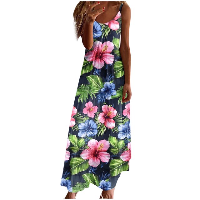 Robe d'Été pour Femmes Sans Manches à Col en V Imprimée Décontractée Longue Maxi pour Plage Vacances Tenue d'Extérieur