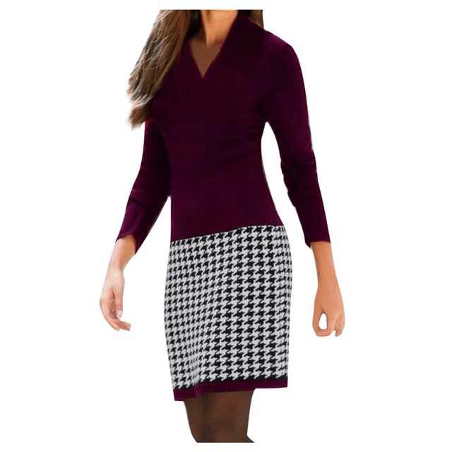 Pompotops Robe Mode pour Femme à Motif Pied-de-Poule avec Coutures, Manches Longues, Col en V, en Solde