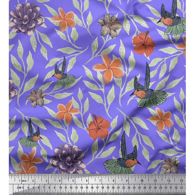 Soimoi Purple Georgette Viscose Fabric Flying Bird & Floral Print Sewing Fabric BTY 42 Inch Wide