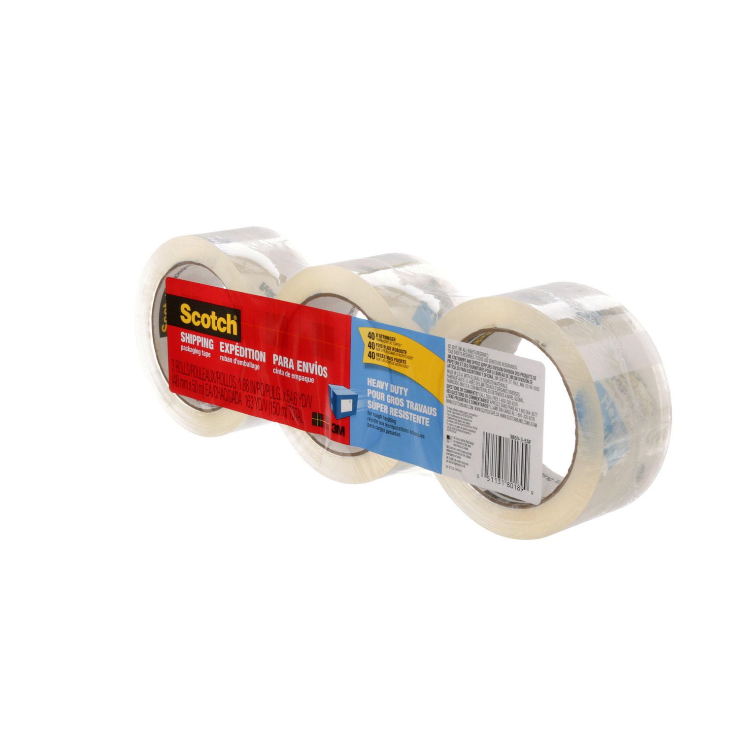Ruban d’emballage et d’expédition de grand rendement 3850-3-ESF-RP4 Scotch®, 48 mm x 50 m (1,88 po x 54,60 v), 3 rouleaux/paquet