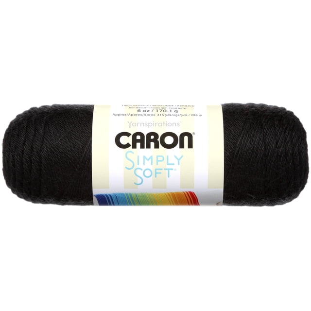 Caron Simply Soft Fil Noir, Acrylique 100 % #4 Poids Moyen, Écheveau de 6 oz (170 g) avec 315 Verges (288 m), texture Lisse à l'Éclat Subtil, Lavable à la machine et Séchable, Convient aux Projets de Tricot et de crochet Incluant les Vêtements, les Accessoires et la Déco Maison.