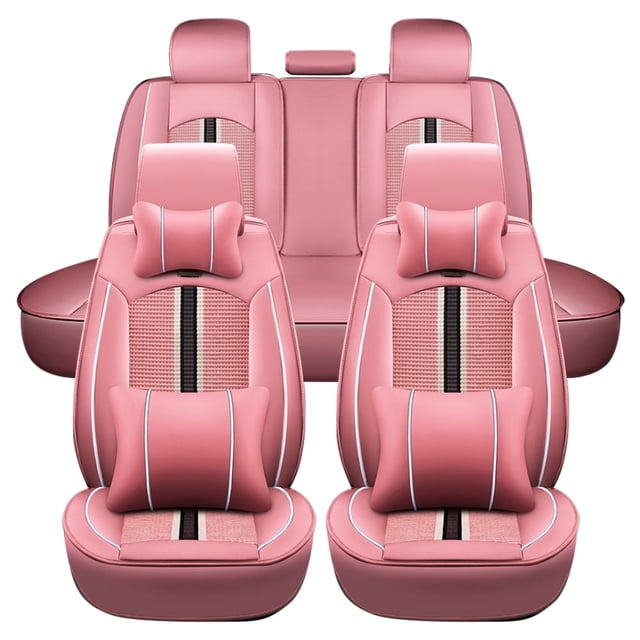 Maidao Universal Car Seat Covers Waterproof for Chevrolet for Colorado 2015-Present 5 Seats Front Rear Cushion Protector with Pillow and Headrest Pink