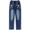 thumbnail image 1 of Kidscool Space Girls Floral Embroidered Ripped Washed Elastic Waist Jeans,Flower and Bowknot,7-8 Years, 1 of 7
