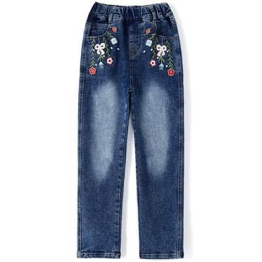Kidscool Space Girls Floral Embroidered Ripped Washed Elastic Waist Jeans,Flower and Bowknot,7-8 Years