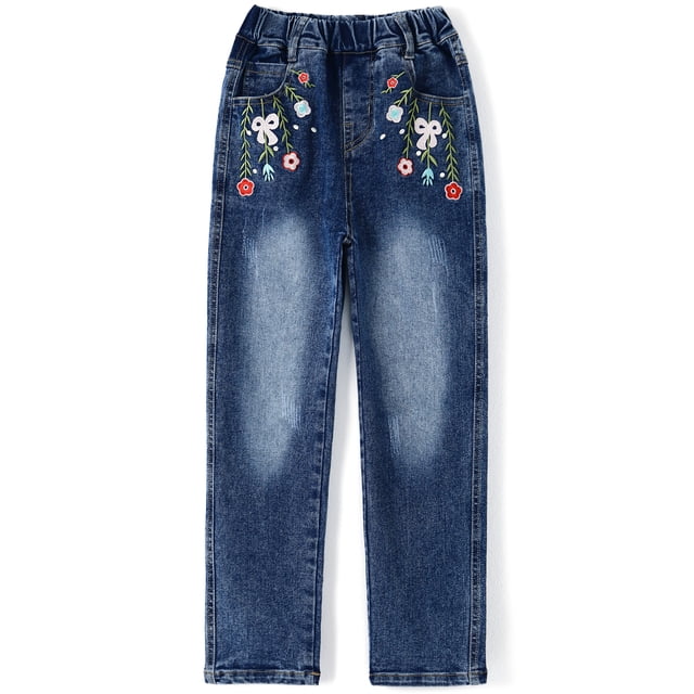 Kidscool Space Girls Floral Embroidered Ripped Washed Elastic Waist Jeans,Flower and Bowknot,7-8 Years