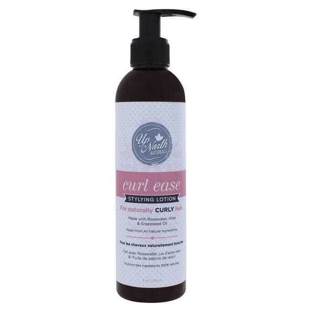 Up North Naturals Curl Ease Styling Lotion in an 8 oz dark brown pump bottle with a white and pink label, formulated with rosewater, aloe, and grapeseed oil to define natural curls with strong hold and moisture, free of parabens and formaldehyde, suitable for damp hair application without flaking.