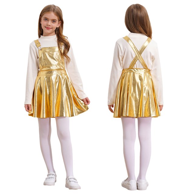 RUNQHUI Robe Évasée pour Filles Fête d'Anniversaire Robe à Bretelles Jupe Plissée Vêtements de Carnaval Or 14