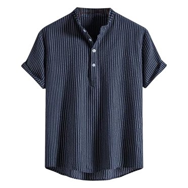 RKSTN Shirt Chemise pour Homme à Rayures Col Montant Décontractée T - en Coton et Lin Ample Grande Taille Manches Courtes Blouse Imprimée Hauts