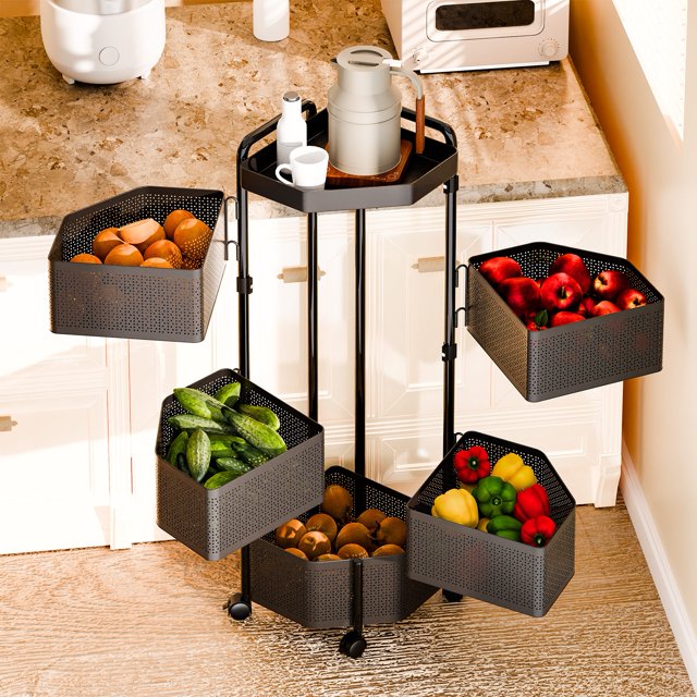 Andvari Rotating 5-Tier Kitchen Storage Rack, Irregular Fruit Basket Floor Stand Organizer