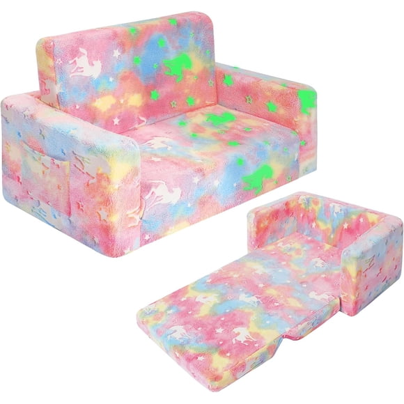 Kids Couch, Fold Out Kids Sofa Chair, Convertible Sofa to Lounger Pull Out Couch, Glow in The Dark Sofa Chair for Boys and Girls Large (Pink Unicorn)