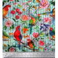 thumbnail image 1 of Soimoi Green Polyester Crepe Fabric Stripe,Floral & Parrot Bird Printed Fabric 1 Yard 52 Inch Wide, 1 of 3