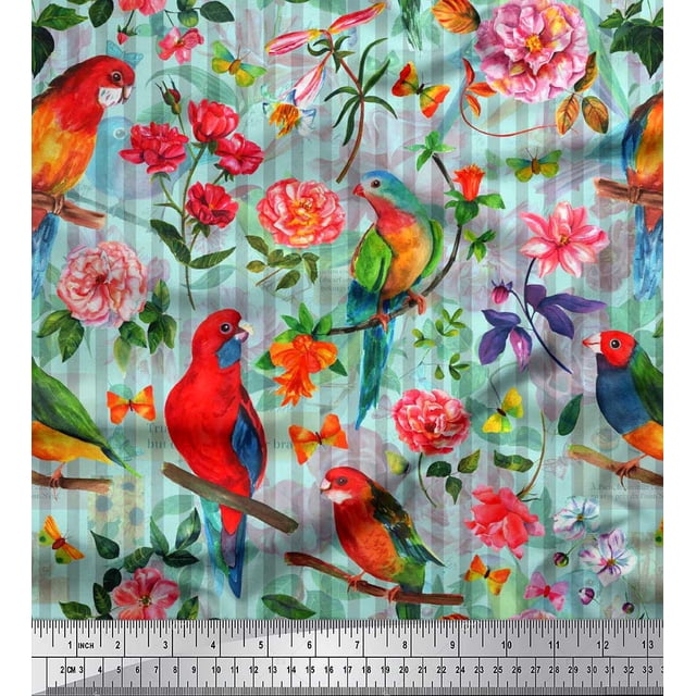 Soimoi Green Polyester Crepe Fabric Stripe,Floral & Parrot Bird Printed Fabric 1 Yard 52 Inch Wide