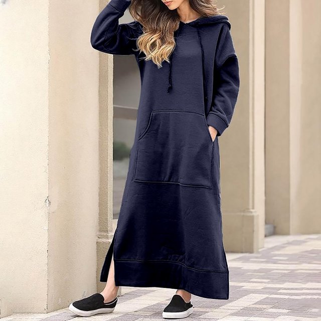 Jusqu'à 65 % de Réduction! Robes de Mode d'Été pour Femmes 2024 Grande Taille Col Rond Hiver Couleur Chaude Manches Longues Poche Longue Robe