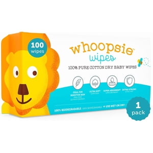 Whoopsie Wipes – The Original 100% Pure Cotton Dry Baby Wipes – Ultra Soft, Unscented, Chemical-Free Wipes for Sensitive Skin – Use Dry or Add Water for Wet Wipes – 1 Packs (100 Count)