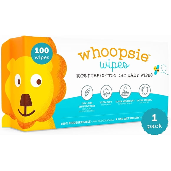 Whoopsie Wipes – les Lingettes Sèches pour Bébé Originales 100 % Coton Pur – Ultra Douces, Non Parfumées, Sans Produits Chimiques pour Peau Sensible – à Utiliser Sèches Ou Ajouter de l'Eau pour des Lingettes Humides – 1 Paquet (100 Unités)