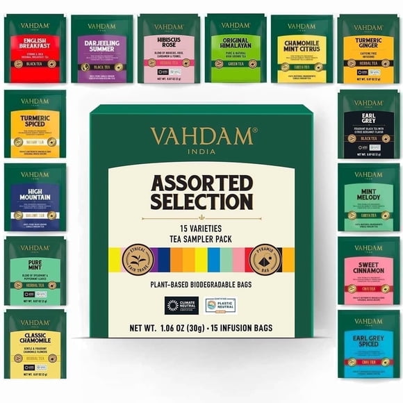 VAHDAM Assorted Tea Sampler (15 Different Variety in Individually Wrapped Pyramid Tea Bags) Long Leaf Premium Teas I Teas Gift Set I Ideas for Tea Lovers | Gifts for Women & Men