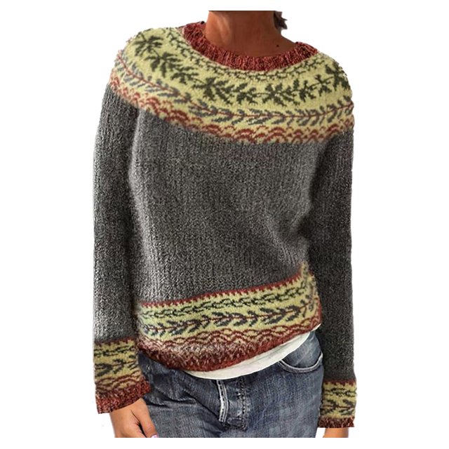 Wiyuqeen Fair Isle Knit Sweaters Women Long Sleeve Lounge Knit Pullover Round Neck Vintage Sweaters Fall Raglan Sweaters Clearance