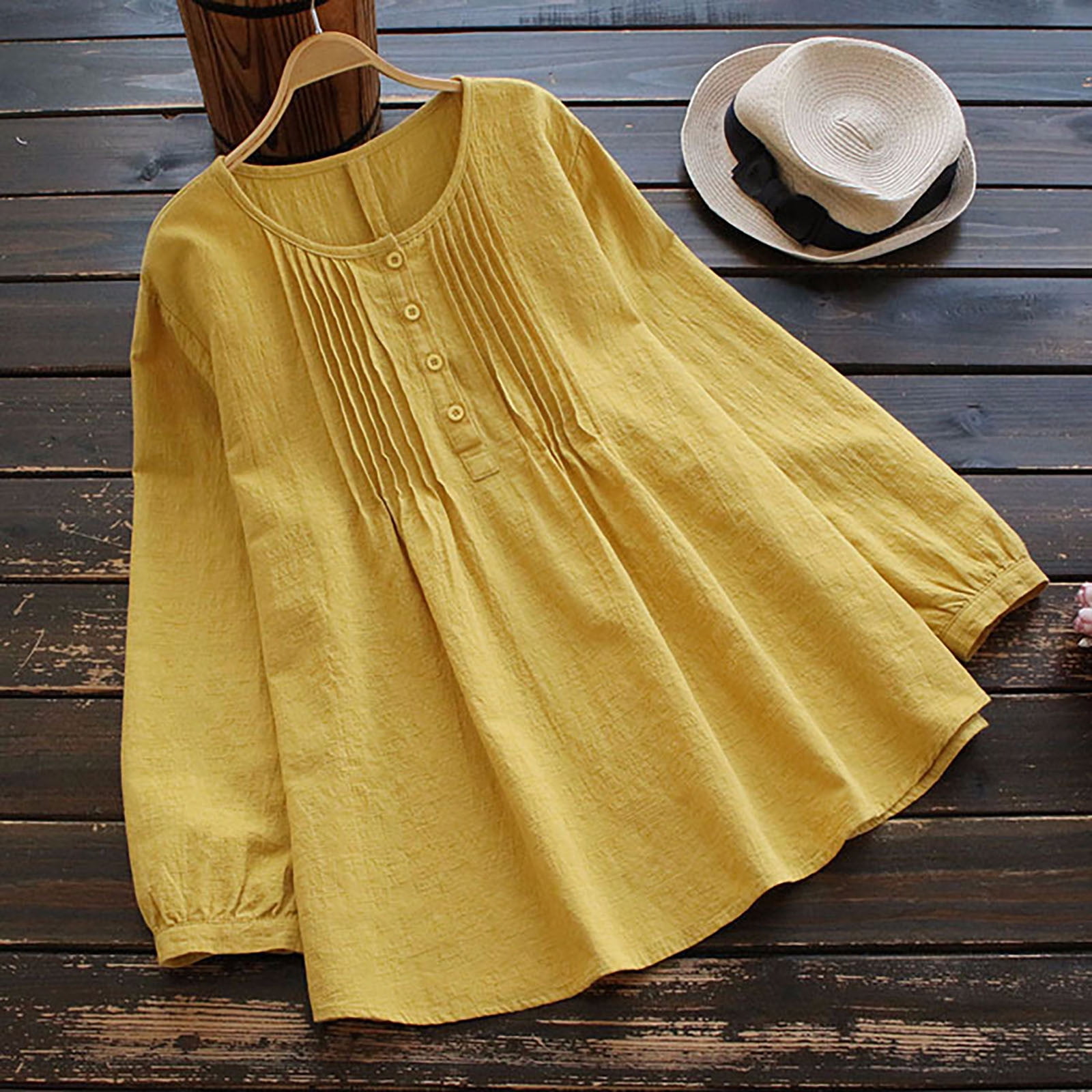 T-shirts Chemises pour Femmes Été Mode Décontractée Ample Lin Uni Manches Longues Col Rond Hauts Blouse Mignon Hauts d'Été pour Femmes en Liquidation
