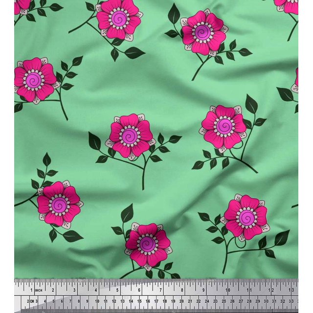 Soimoi polyester Crepe Fabric Leaves & Pink Flower Floral Printed Fabric 1 Yard 52 Inch Wide