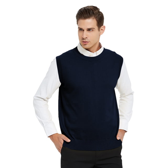 TOPTIE Men's 100% Cotton Knit Sweater Vest, Crew Neck Solid Color
