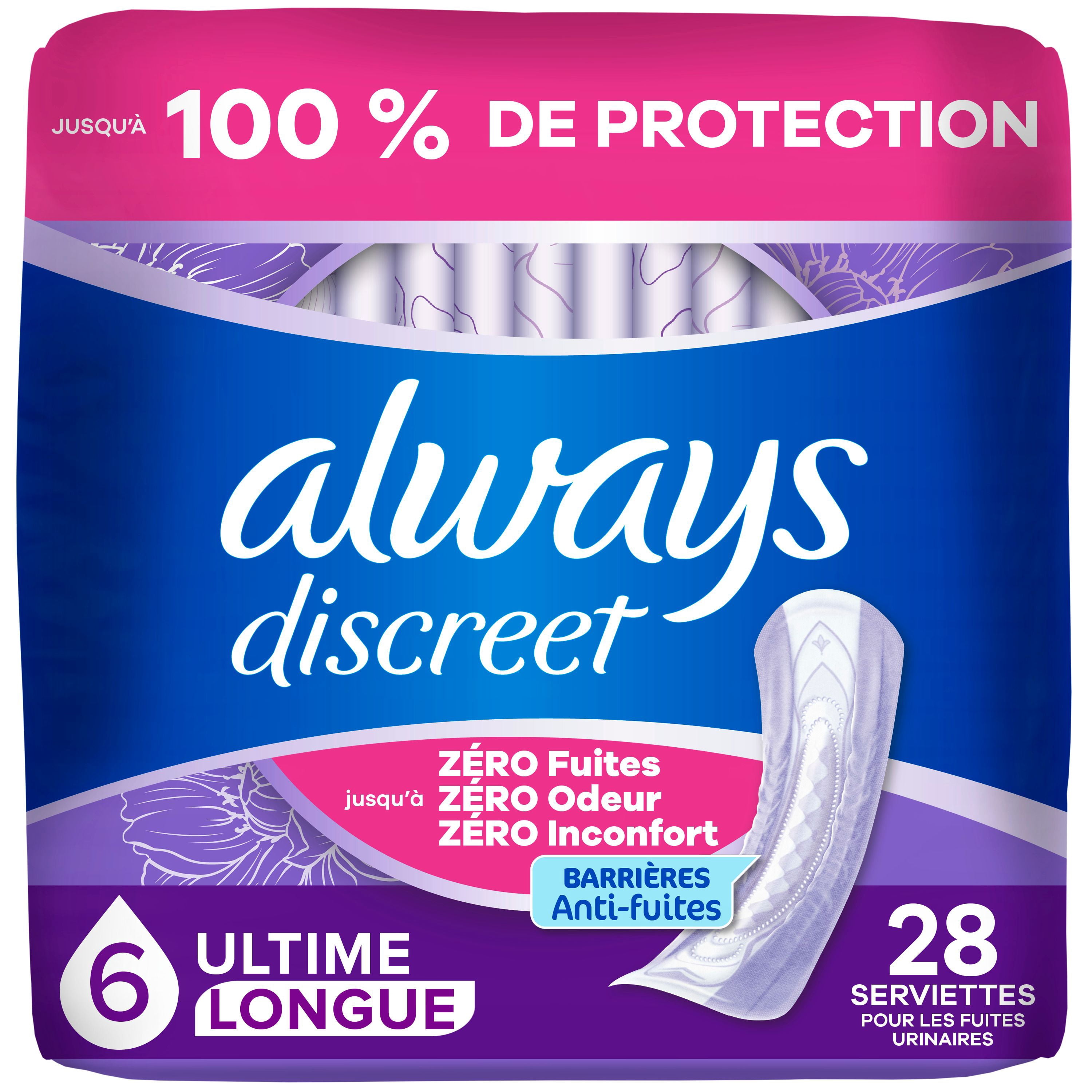 Always Discreet Adult Incontinence Pads for Women, Ultimate Absorbency, Long Length, Postpartum Pads, 28 Count