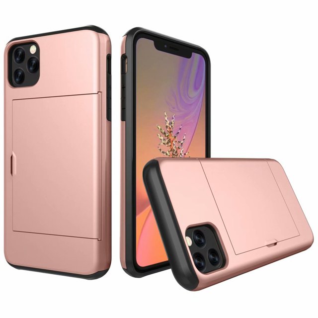 iPhone11 ProMax Case Hybrid Rugged Hard Back Cover with ID Credit Card Slot Holder Wallet Case for Apple iPhone11 ProMax - Rose Gold