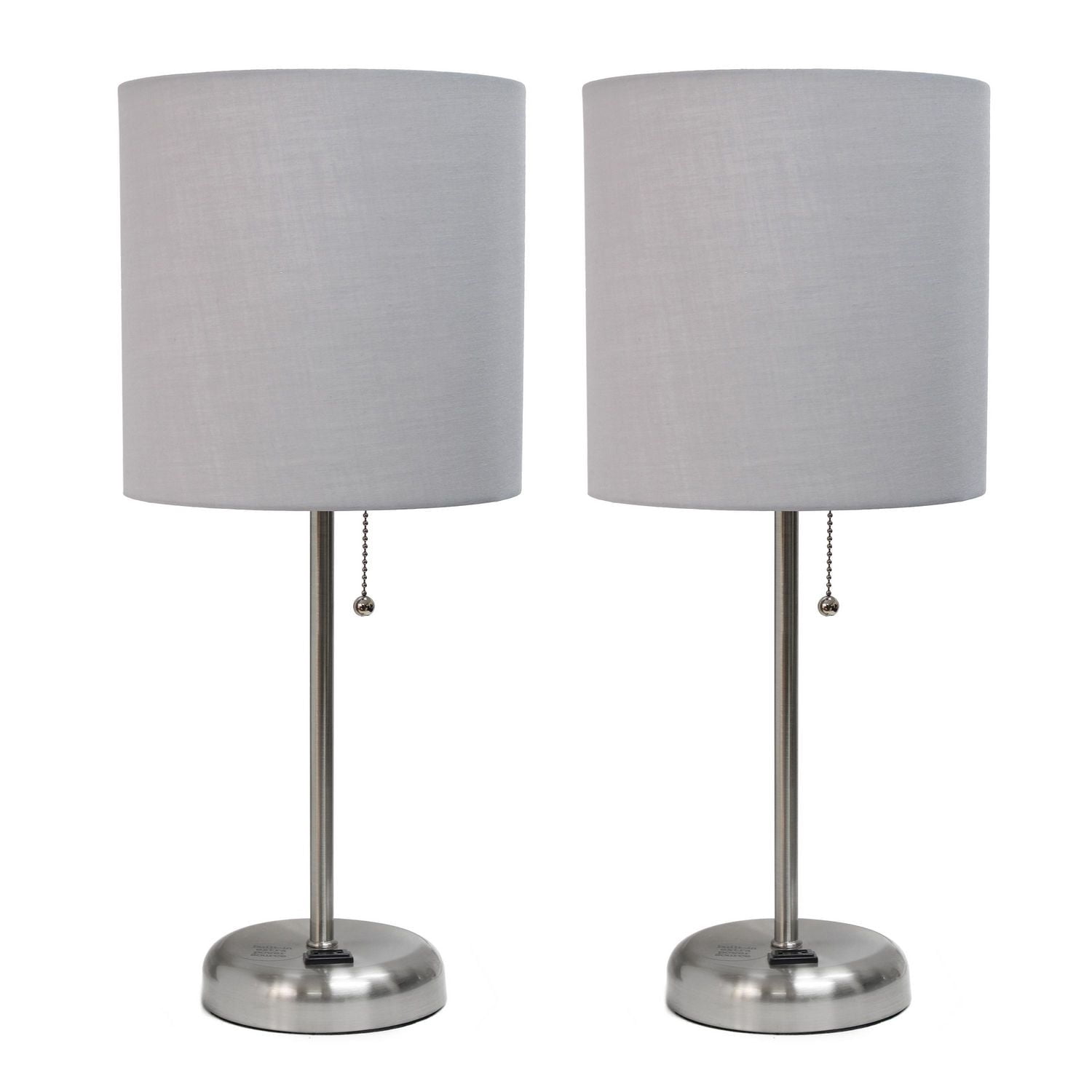 LimeLights Brushed Steel Stick Lamp with Charging Outlet and Fabric Shade 2 Pack Set