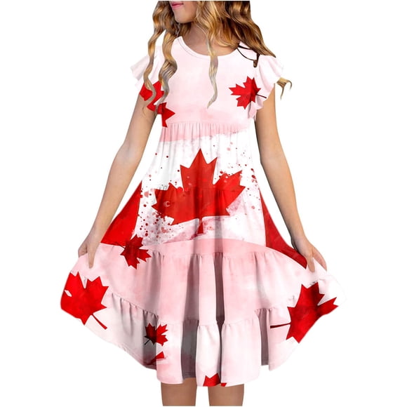 Robes pour Petites Filles Enfant Tout-Petits Filles Fête du Canada Feuille d'Érable Drapeau Imprimé Manches Volantées Robe Florale Robe pour Tout-Petit Rose 14 Ans-15 Ans