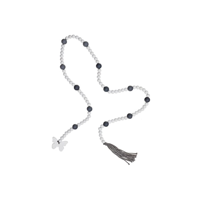 IH Casa Decor 65" Dual Color Bead Garland With Tassel Butterfly - Set of 2 made of natural wood beads in white and gray, featuring a butterfly-shaped design on one end and a gray tassel on the other, ideal for tabletop or mantel home décor and artificial garland use.