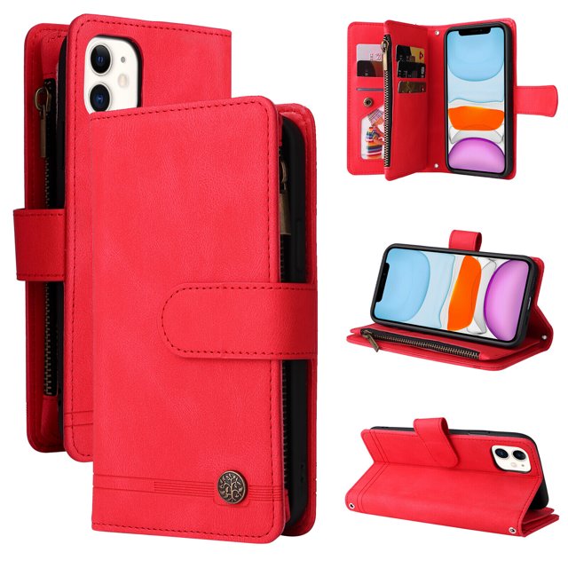 Case for iPhone 12 Cover Zipper Pocket Wallet Case Magnetic Protective in red. This multifunctional PU leather case features a zipper coin pocket, 9 card slots, and a side pocket for cash or additional cards. It includes a magnetic flip closure for secure storage and can be used as a horizontal stand for reading or video calls. The case provides full-frame protection with raised edges and a TPU lip to safeguard against drops and scratches.