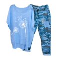 thumbnail image 2 of Mikilon Vêtements de Détente Confortables pour Femmes Ensemble 2 Pcs Imprimé Décontracté Manches Moyennes Col Rond + Pantalon Bleu-A 2TG, 2 of 6