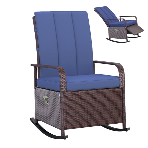 Outsunny Wicker Rocking Chair with Soft Cushion Adjustable Footrest Blue