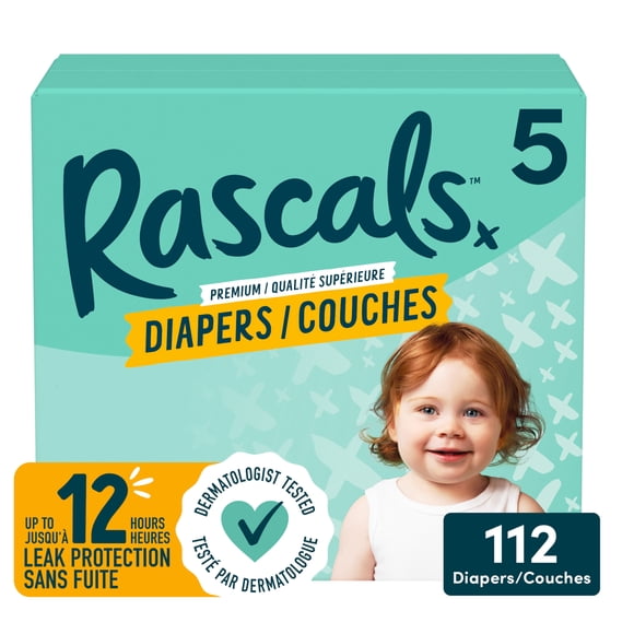 Rascals Premium Absorbent Baby Diapers, Size 5, Carton, 112 Count