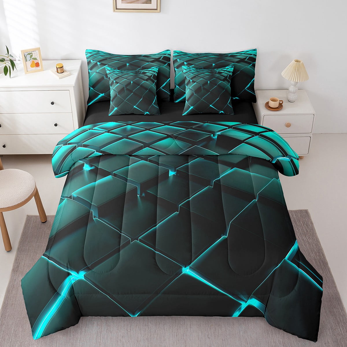 YST 7 Piece Teal Geometric Bed in a Bag, Modern Abstract Plaid Bedding Set with Comforter, King