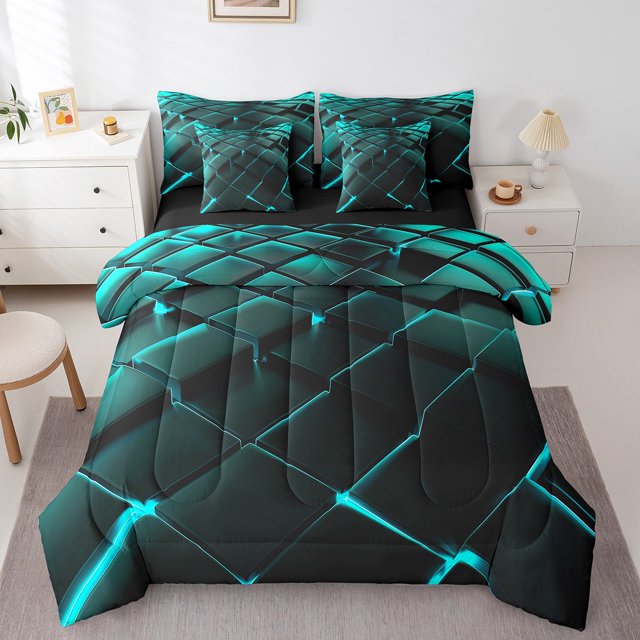 YST Ensemble de Literie Géométrique Sarcelle, Ensemble de Literie Moderne Abstrait, Microfibre de Polyester, Double, 7 Unités. Cet Ensemble de Literie Comprend une Couette, un Drap-Housse, un Drap Plat, Deux Taies d'Oreiller et Deux Housses de Coussin Décoratif, le Tout Mettant en Valeur un Motif Géométrique en Nid d'Abeilles Sarcelle sur un Fond Noir. Montré dans une Chambre Contemporaine avec une Commode Blanche, une Lampe et un Tapis Gris Pâle.