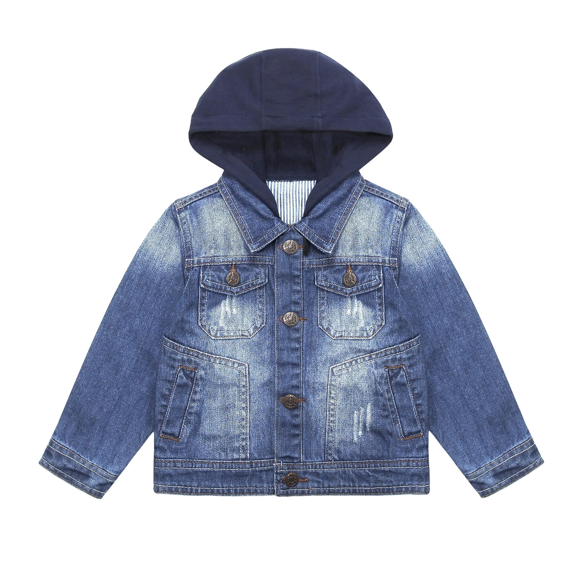 KIDSCOOL SPACE Veste à Capuchon en Jean Déchirée pour Petit Enfant avec Lettres Brodées, Bleu, 4-5 Ans