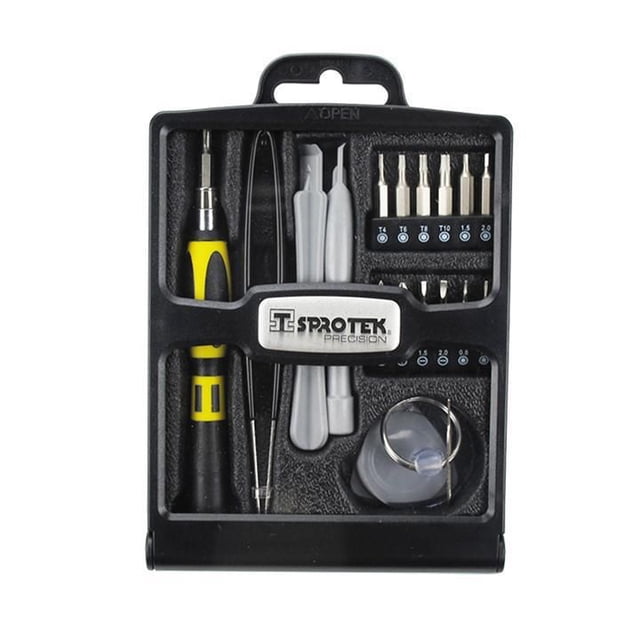Sprotek Cell Phone Repair Kit 18 pieces Black with a compact black case holding a yellow and black easy grip screwdriver handle, precision tweezers, two gray plastic pry tools, a suction cup with metal ring, and 13 metal bits including Torx T4-T10, Phillips PH00-PH1, slot 1.5-2 mm, and hex H1.5-H2 mm for smartphone and iMac repairs, also suitable for small electronics maintenance.