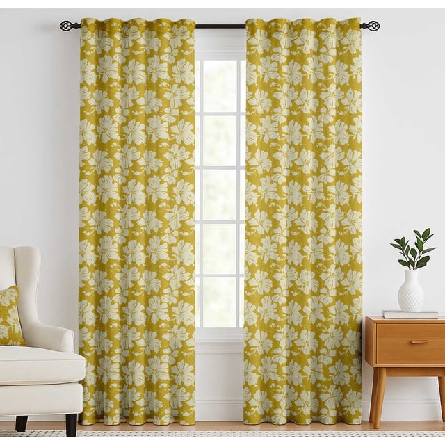 Vargottam Cotton Curtains for Windows - 3-in-1 Rod Pocket/Back Tab Short Window Drapes - Light Filtering Cotton Panels - Set of 2, 52"x63" - Monochrome Flowers Design (Yellow)